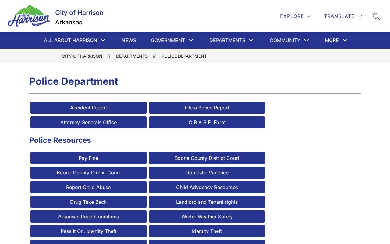 Harrison Police Department page for Boone County arrest record requests