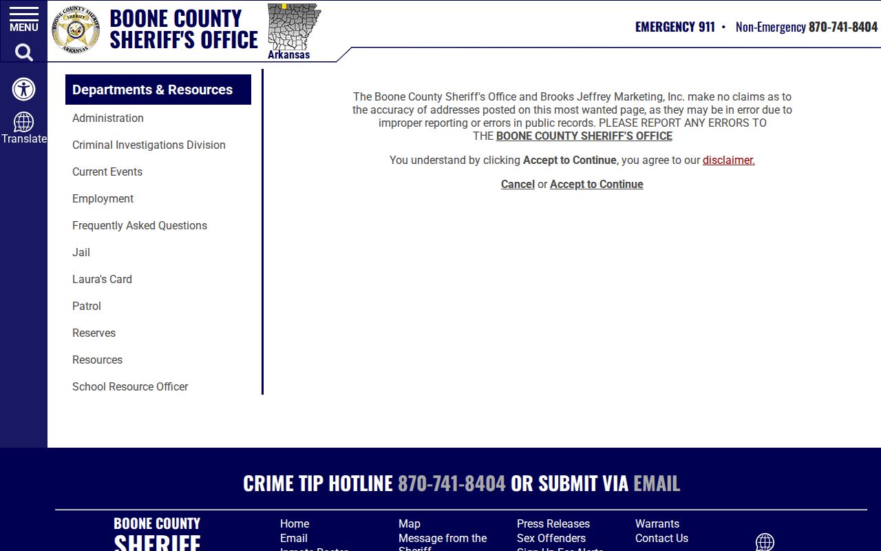 Boone County Sheriff's Most Wanted record list gateway